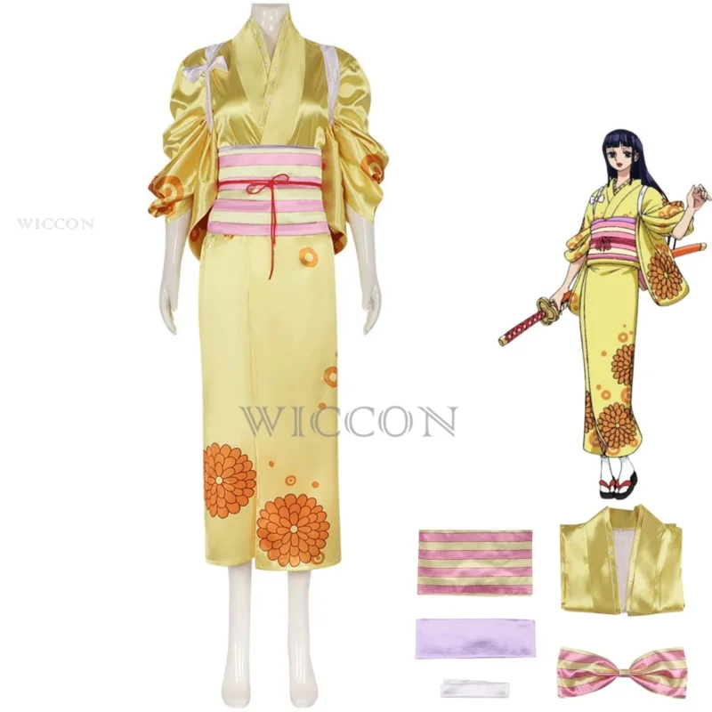 Anime Kikunojo Cosplay Costume Nine Red Scabbards Japanese Yellow Printing Kimono Bathrobe Woman Sexy Kawaii Halloween Suit