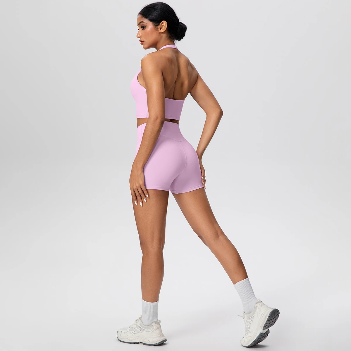 2picese Women Yoga Suit Solid Color High Waist Hip Push Up Fitness Shorts Sexy Pilates Backless Gym Hanging Neck Bra Yoga Set - Image 6