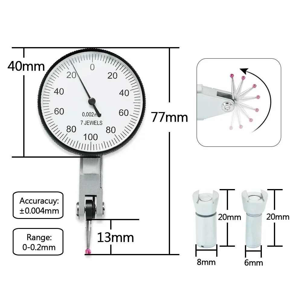 Shahe Dial Test Indicator 0.002 mm Shockproof Dial Indicator Gauge With Ruby Probe Dial Test Indicator Gauge Measure Gauge Tool