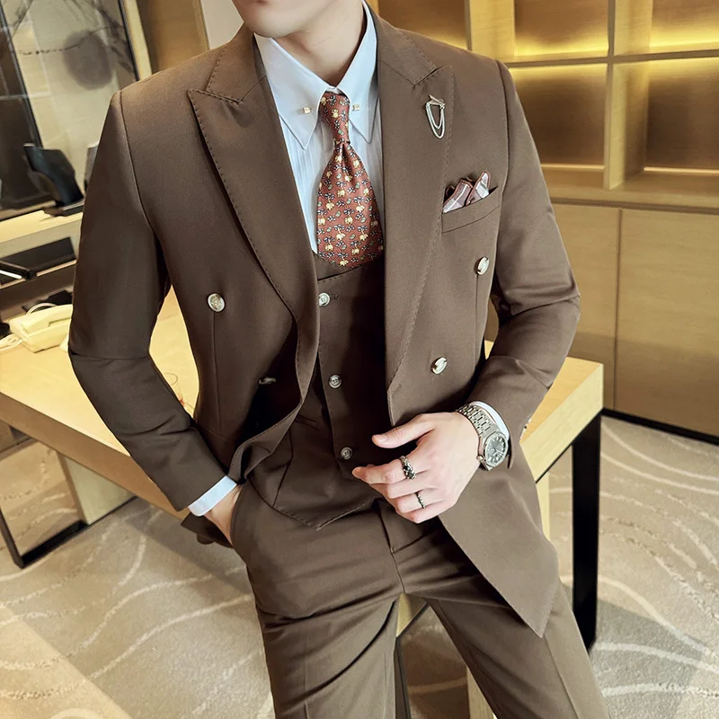 High-level Hip Lapel Collar (suit + Vest + Trousers) Stylish and Handsome Dark Stripe Bridegroom's Wedding Dress Three-piece Set