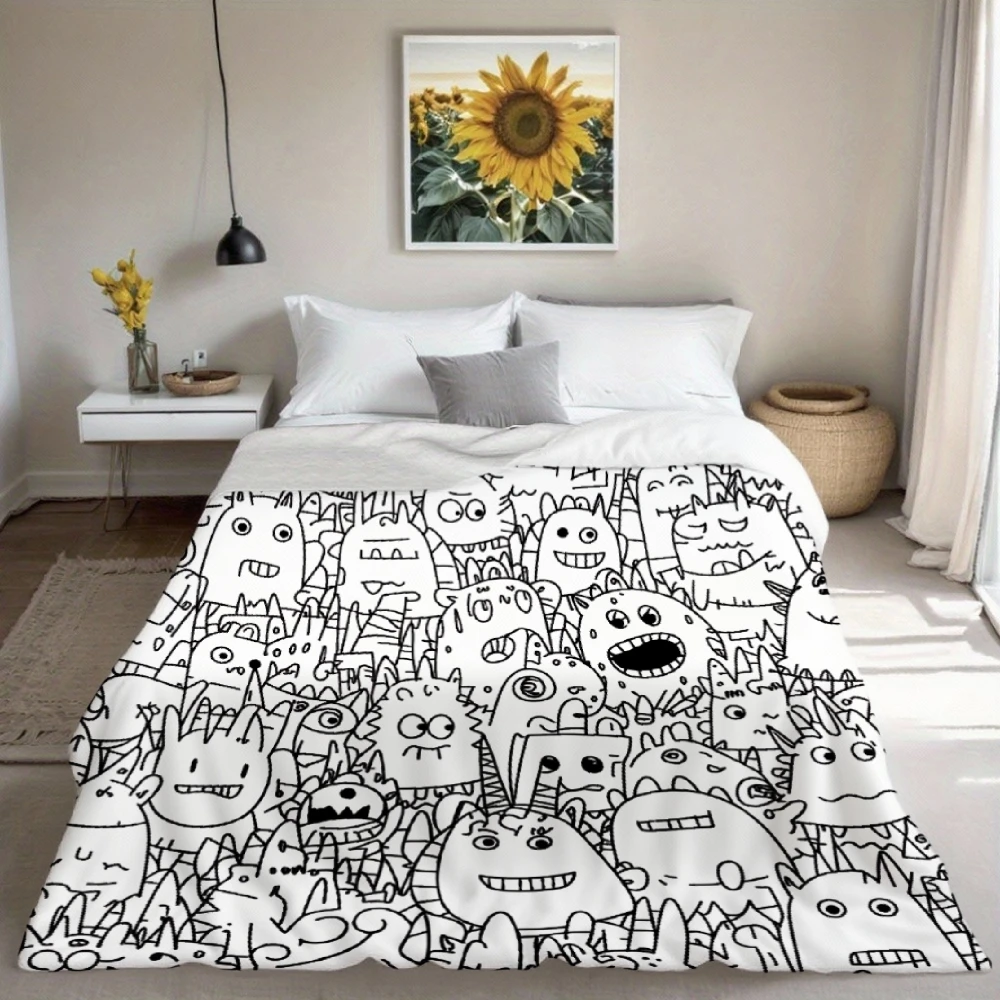 Whimsical Cartoon Monster Line Art Coloring Flannel Blanket Warm Soft Cozy Throw Blanket for Couch Bed Living Room Decor
