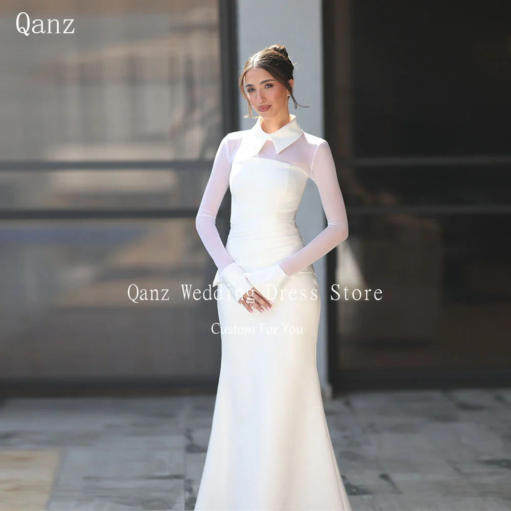 Qanz Minimalism White Wedding Dresses Mermaid Satin Sheer Long Sleeveles Vestido De Novia 2 Pieces Robe De Mariée Customized