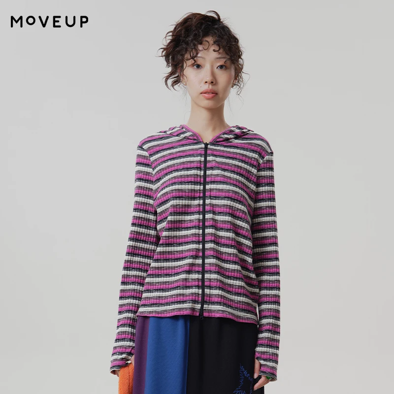 MOVEUP Women's Hooded Colorful Jacquard Striped Jacket 2026 Autumn Zip Up Casual Tops Long Sleeve Thin Knitted Coat 3ELQ10706