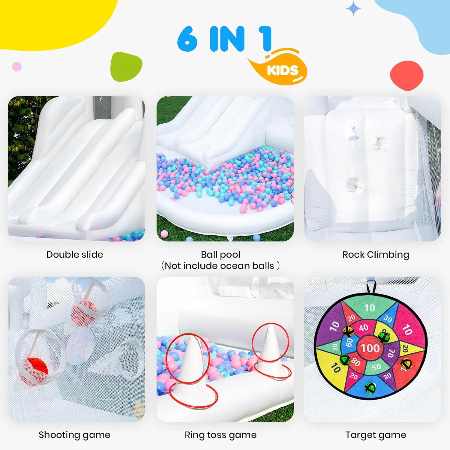 Casa de salto branca oxford, castelo inflável infantil com escorregador e piscina de bolinhas, brinquedos infláveis médios a grandes para crianças