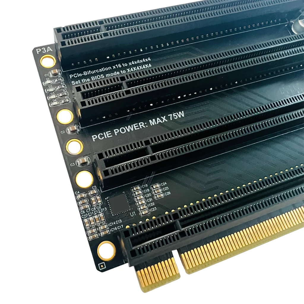 PCIe3.0 X16 PCIe-Bifurkationskarte 16X zu X4X4X4X4 Erweiterungskarte PCI-Express 3.0 1 zu 4 Gen3 Adapter SATA-Stromanschluss Split Computer – Detail 3