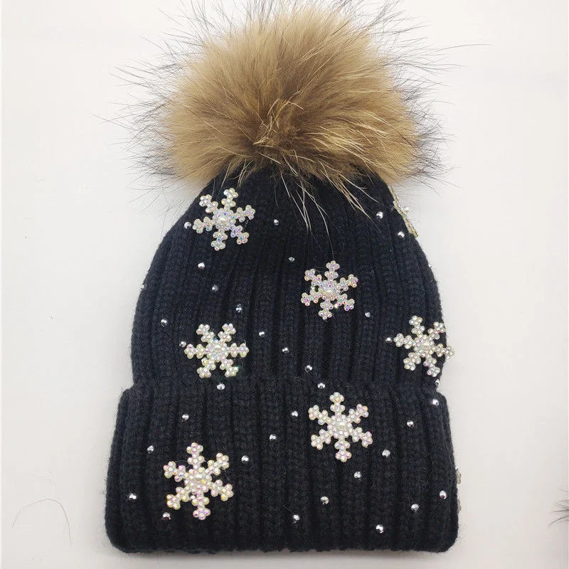 Winter Women's Nature Raccoon Fur Pom Pom Knitted Beanies Rhinestone Beads Pearl Skullies Girls Real Fur Knit Caps  Bonnet Hat