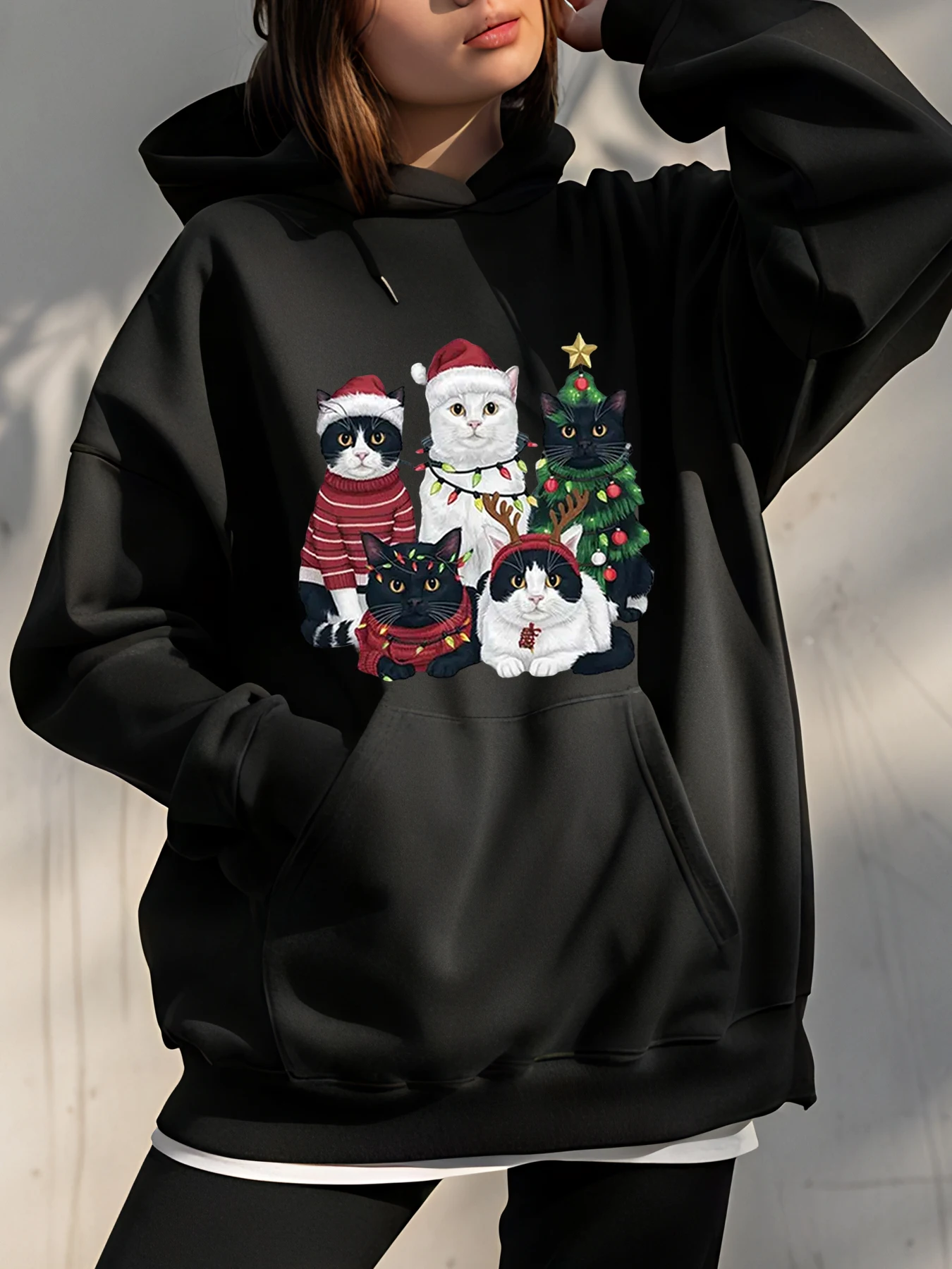 Sweat à capuche imprimé chats de noël pour femmes, sweat-shirt d'hiver décontracté, Design Animal festif, pull unisexe pour la saison de vacances