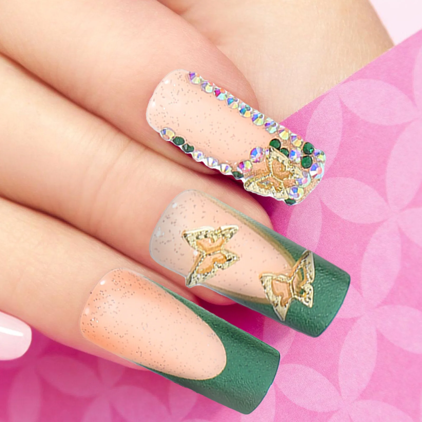 24 stuks vlinderpers op nagels lange Franse tip glitter nepnagels verwijderbare volledige dekking nageltips voor vrouwen dagelijks gebruik