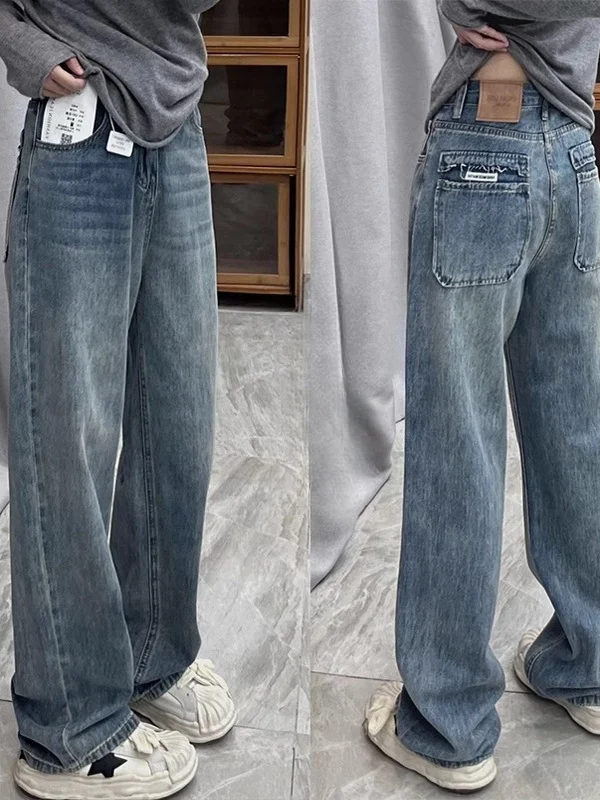 

Retro Blue Wide Leg Denim Jeans Women's High Waist Loose plus Size Slimming Straight Leg Pants for Pear Shaped Body Spring Ne...