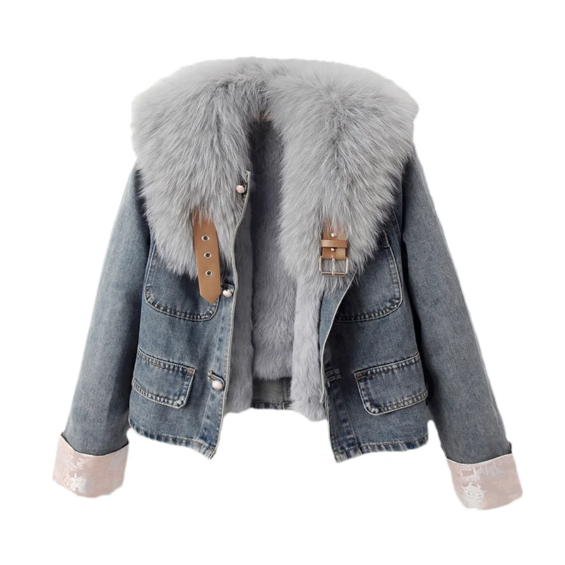 Natural Fox Fur Collar Rabbit Hair Liner Denim Jacket Women Cowboy Outwear Winter Thick Vintage Slim Short Jeans Jacket Female