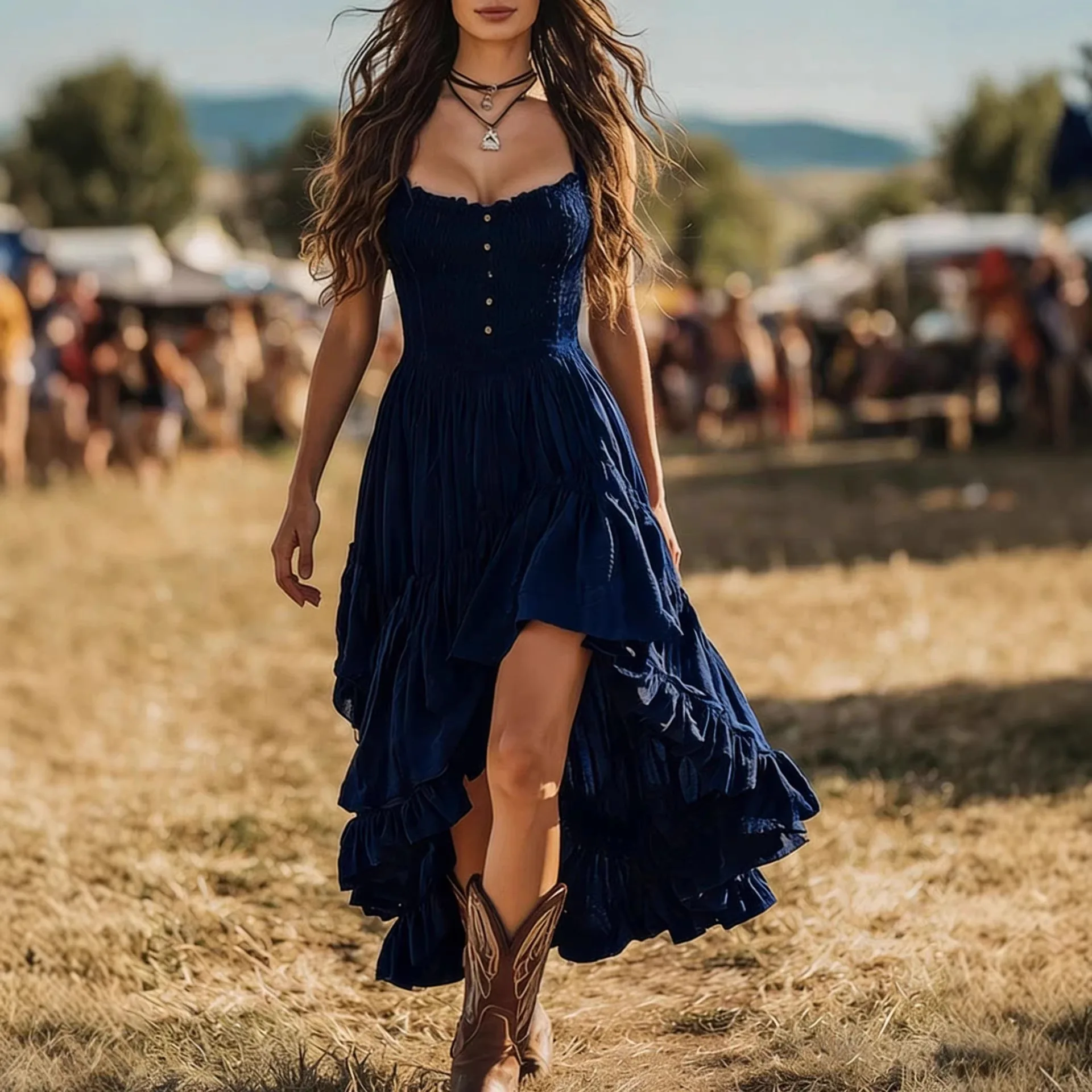 Sleeveless Irregular Hem Solid Color Western Cowboy Style Tube Top Lotus Leaf Skirt Womens Summer Versatile Casual Evening Dress