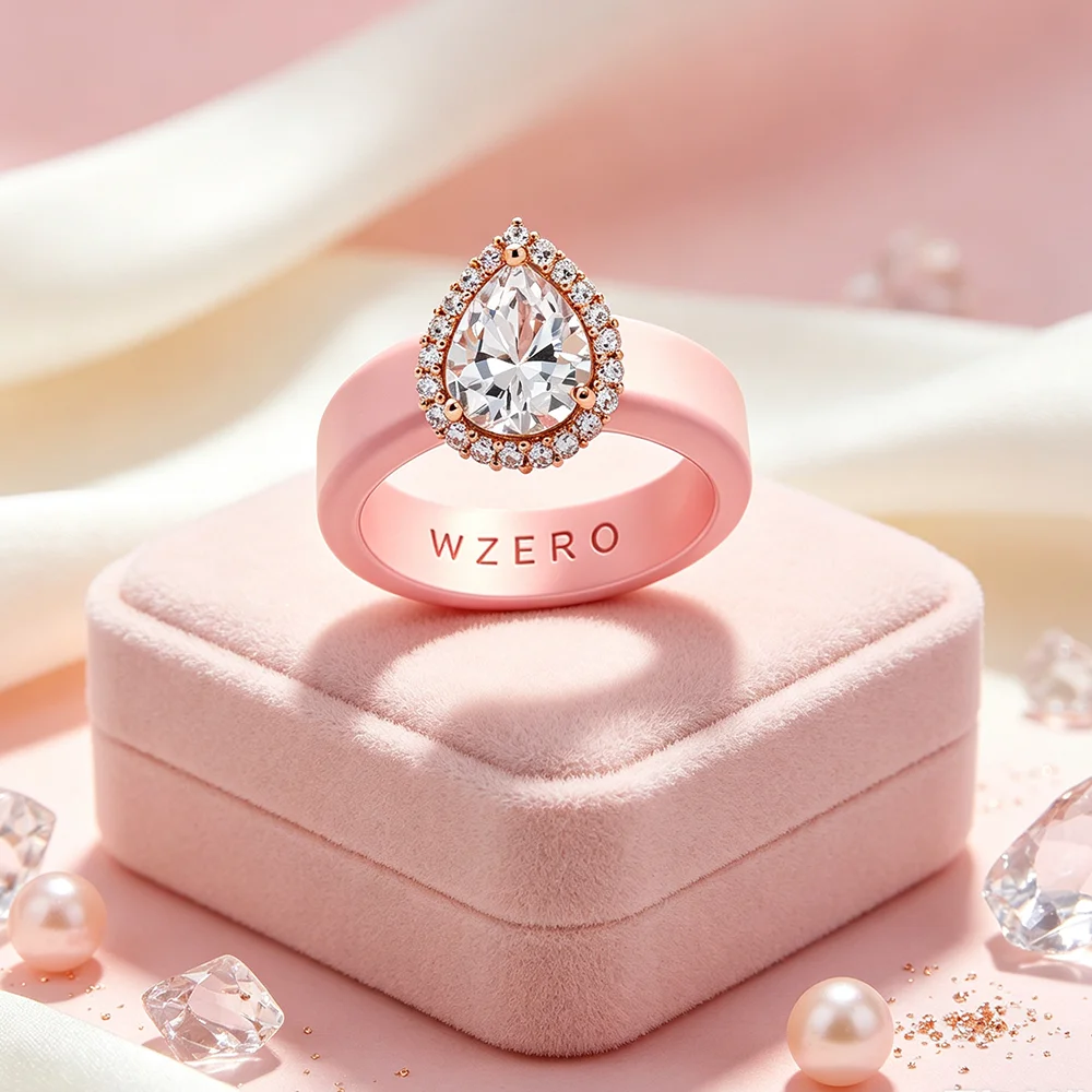 Pink silicone ring, halo set with small CZ and pear-shaped CZ, flexible and comfortable, daily engagement style jewelry gift