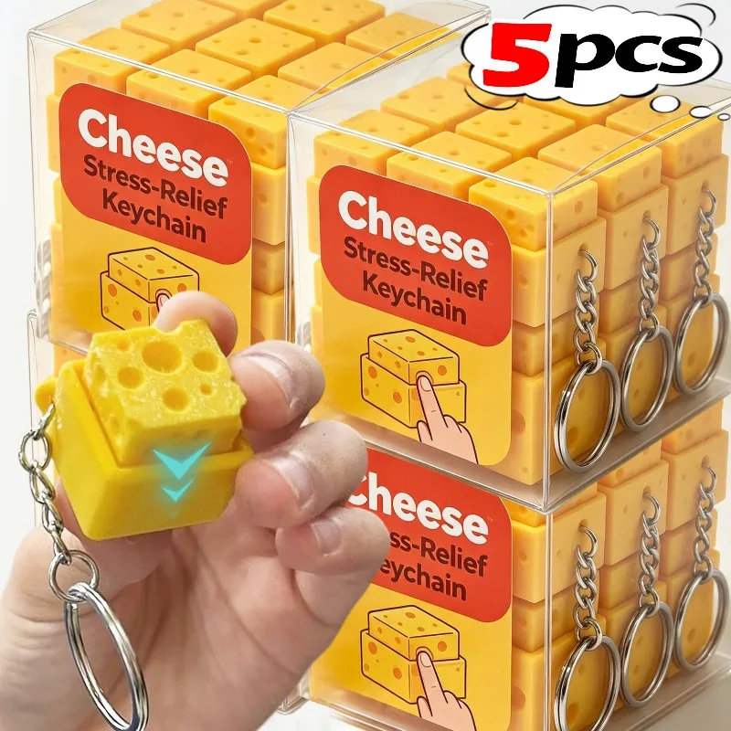 1/5Pcs Mini Cheese Keyboard Clicker Keychain for Women Men Stress Relief Gifts Backpack Hangings Cute Simulates Cheese Keyring