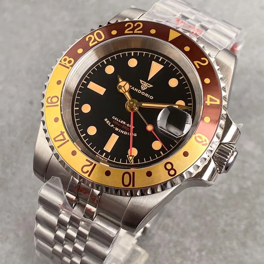 Tandorio NH34A 200M Waterproof 40mm Black White Dial NH34 GMT Automatic Movement Diving Watch Men Gold Hands Steel Bracelet