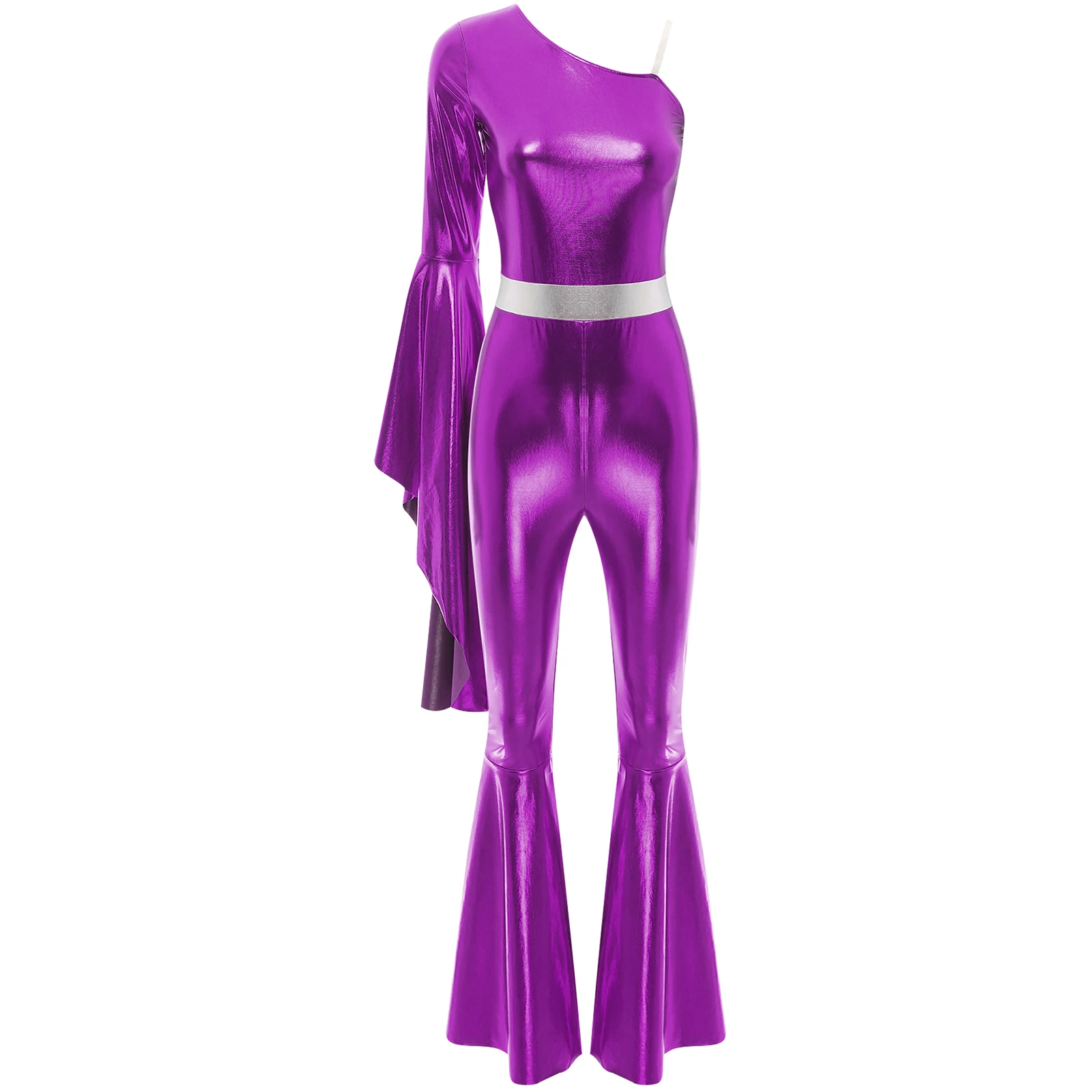 Womens 70s Disco Party Modern Dance Costume One Shoulder Single Long Sleeve Bodysuit Flared Bell Shiny Metallic Funky Dancewear