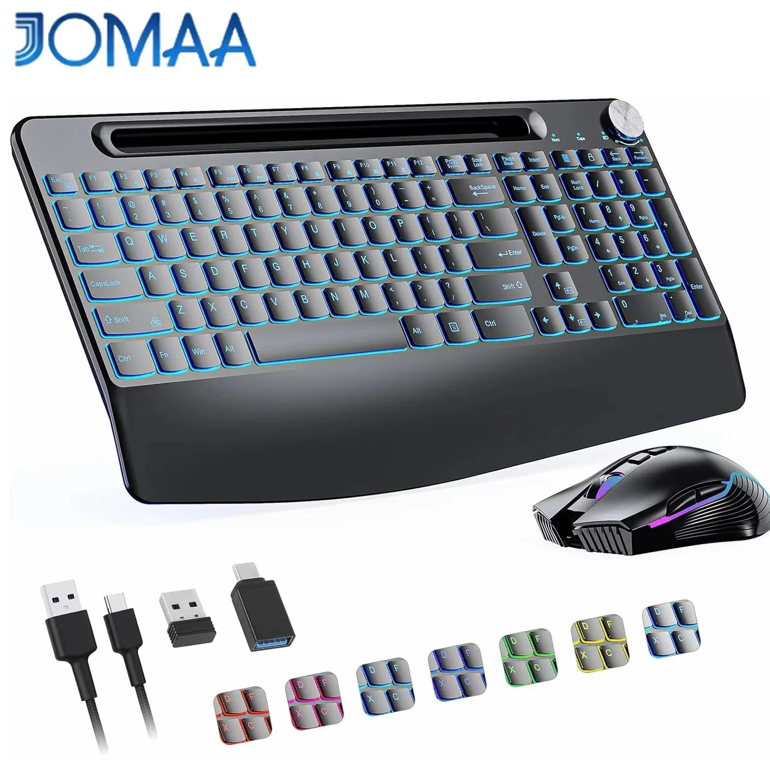 2.4G Wireless Keyboard Set,Backlit Wireless Keyboard Mouse Combo,Rechargeable,with Phone Holder &Wrist Rest &jiggler Mouse