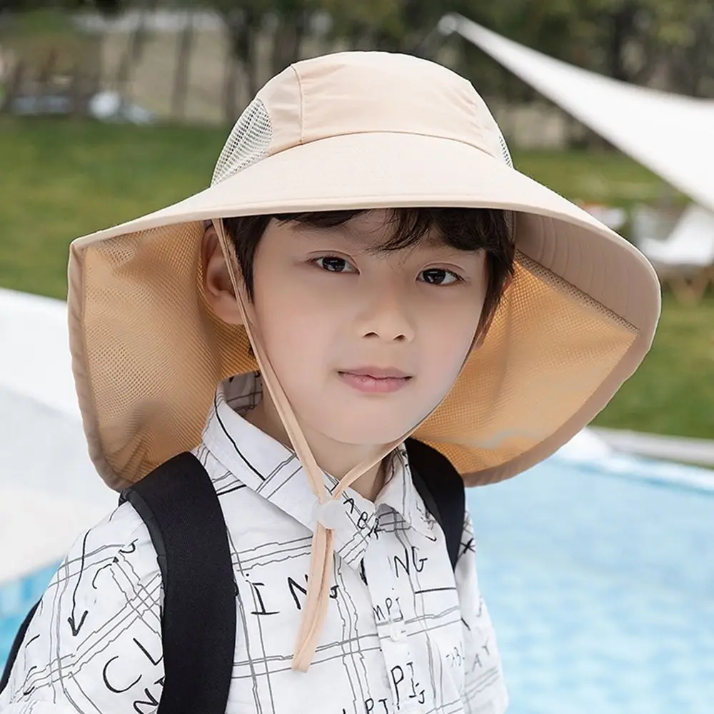 Gorra de playa con protección solar para niño y niña, sombrero de cubo de ala ancha, protección UV