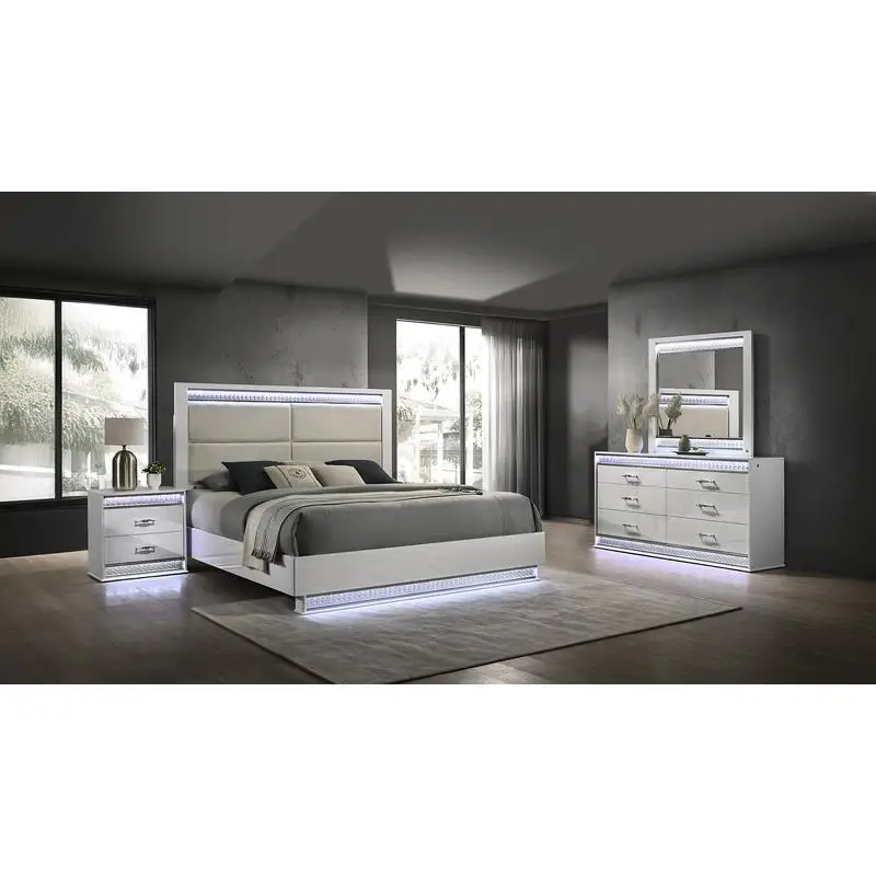Modern 4-Pc King Bed Set with LED Headboard, Wood Construction in White Finish