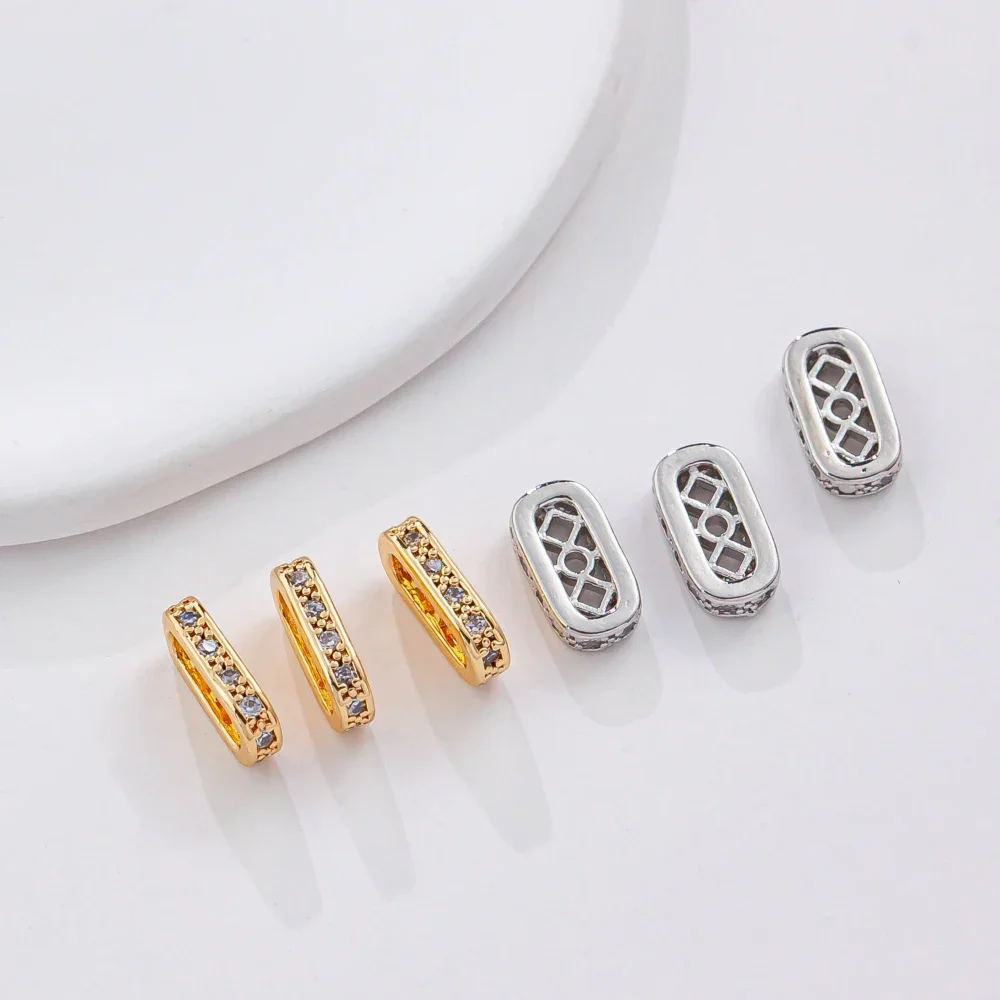 14K Gold Color Plated Porous Elliptical Zircon Bead Spacer DIY Pearl Bracelet Connector Jewelry Making Supplies Accessories 4pcs
