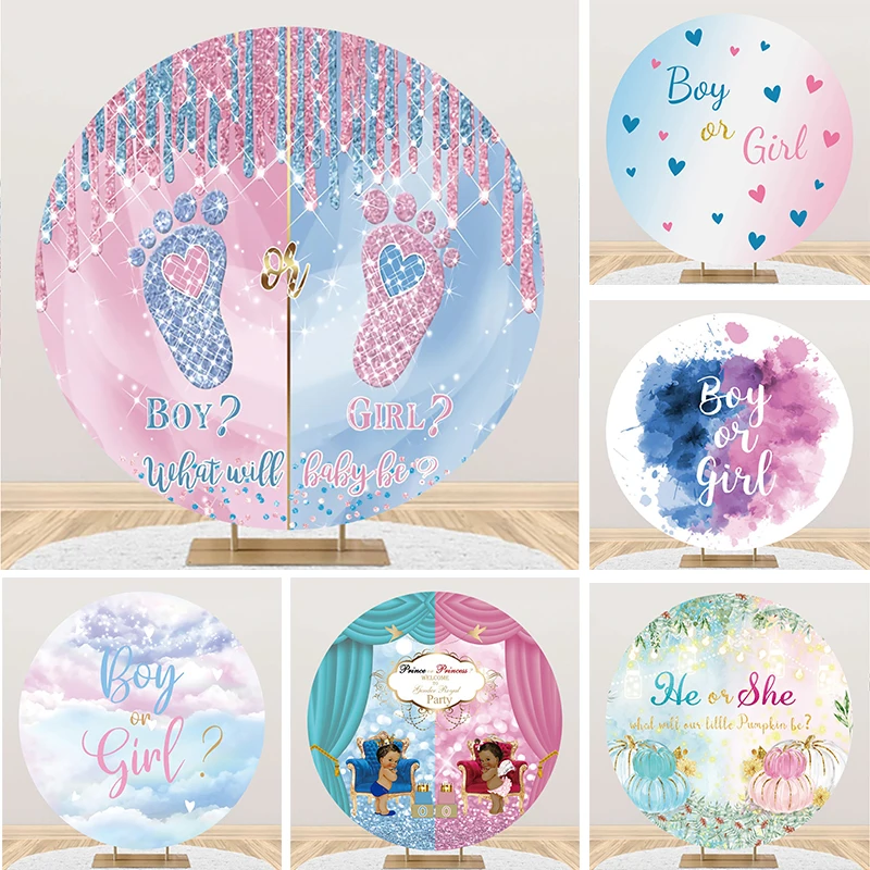 

Newborn Gender Reveal Party Boy Or Girl Baby Shower Round Vinyl Backdrop Footprint Angel Birthday Photography Background Circle