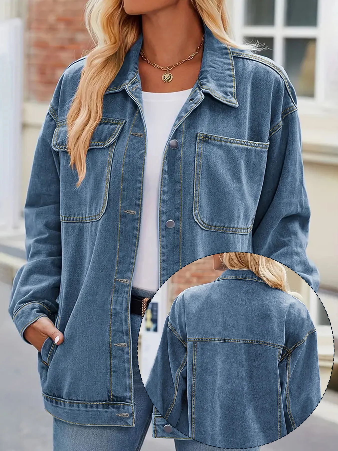 سترة نسائية فضفاضة من قماش الدنيم مقاس كبير بتصميم أزرار بسيطة مغسولة مقاس كبير سترة نسائية من قماش الدنيم ملابس خارجية غير رسمية #5