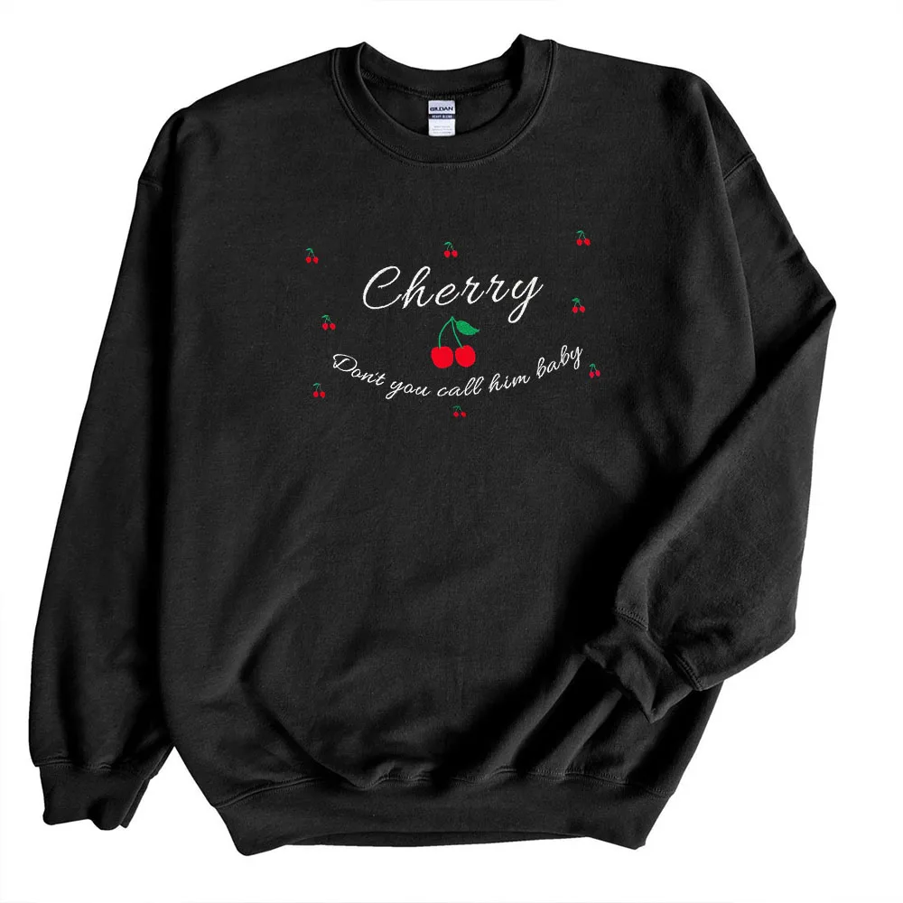 Don\'t You Call Him Baby Cherry Embroidered Vintage Sweatshirts Black Loose Cotton Thick Autumn Tops Casual Cute Warm Pullover