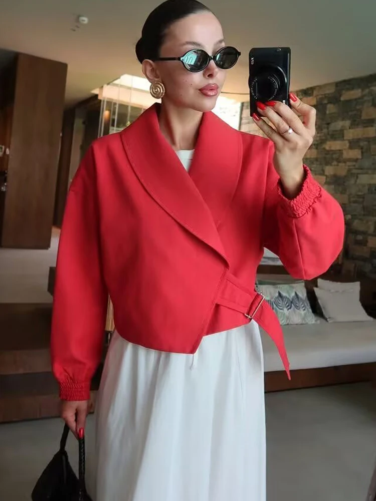 SMVP 2026 New Women Coat Solid Plate Buckle Decoration Coat Spring Autumn Casual Loose Long Sleeve Lapel High Street Jacket Lady