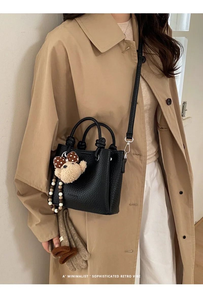 Light Beige Mini Bucket Bag with Knotted Handle, Women's Casual Faux Leather Crossbody Purse with Detachable Strap Clutch Bag view 5