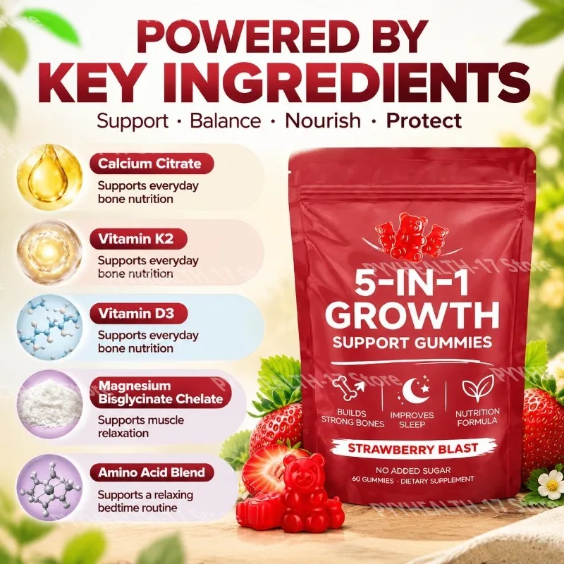 5-IN-1 Growth Support Gummies for Bone Nutrition Strawberry Blast with Calcium Citrate, Vitamin D3 and Vitamin K2 60 Gummies