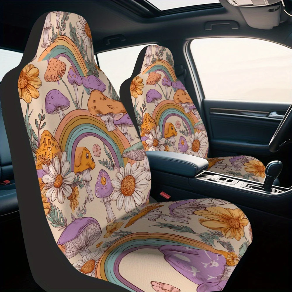 2pcs, Stylish Groovy Rainbow Flower Mushroom Art Design Car Seat Covers, Washable And Comfortable, Perfect Fit For Single Front