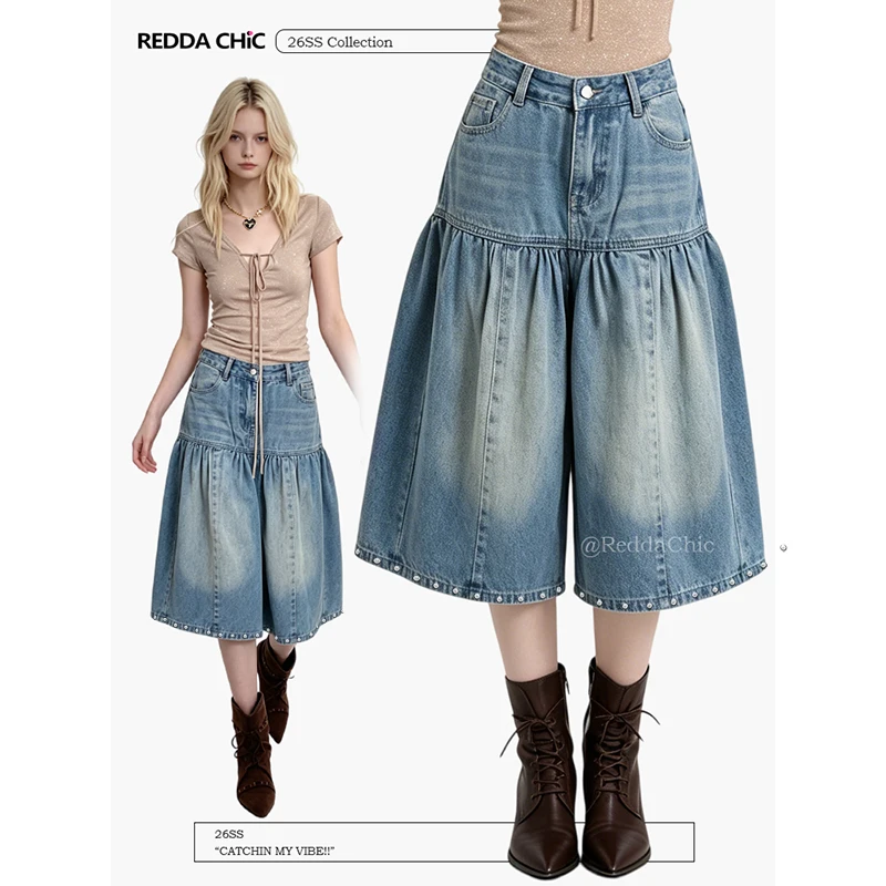 

ReddaChic Do Old Bermuda Denim Shorts Women Summer Korea Ruffle Stitch High Waist Stud Bubble Jean Shorts Lounge Everyday Wear