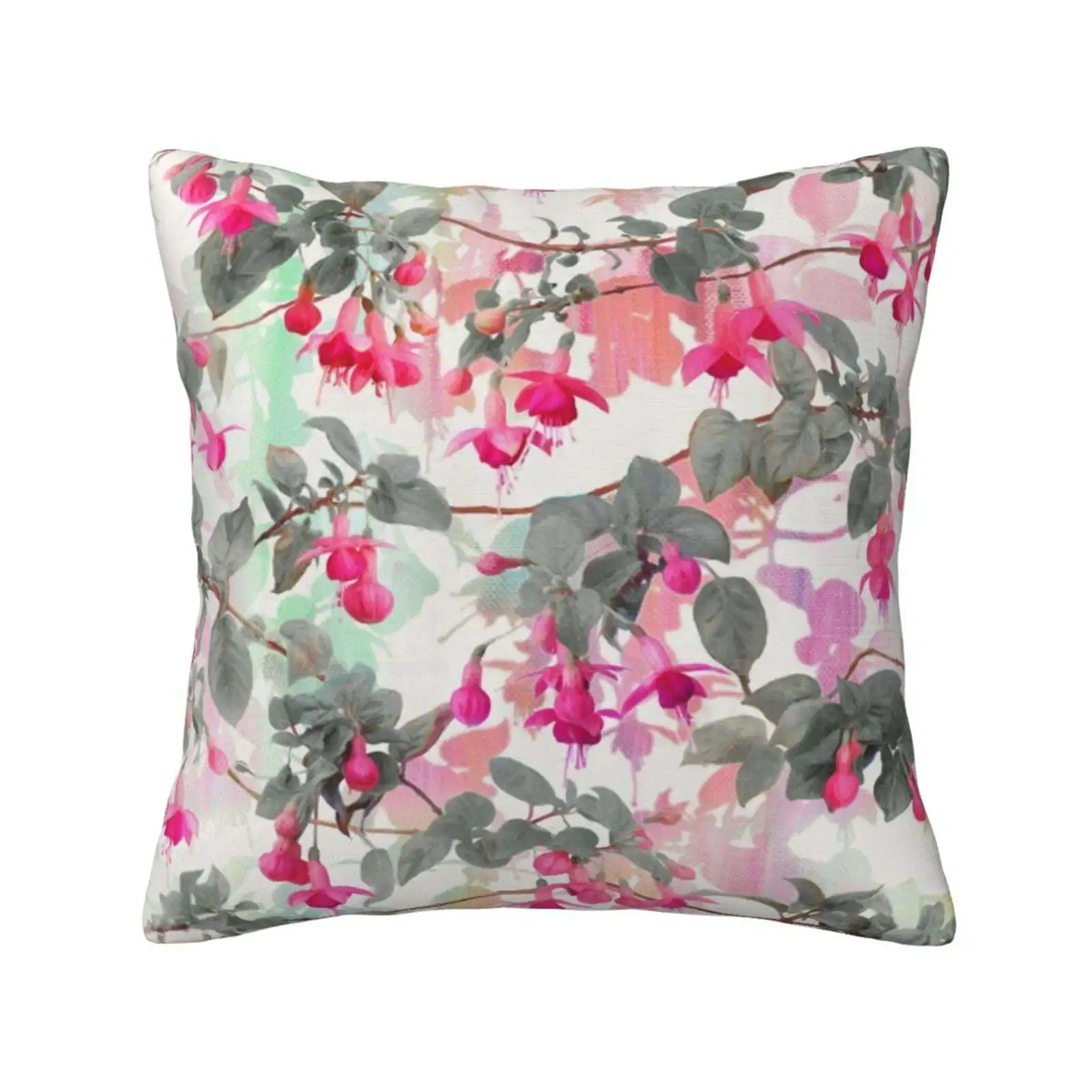 Rainbow Fuchsia Floral Pattern-With Grey Funny Cute Decor Square Pillowcase Floral Flowers Fuchsias Painted Pastel Colors