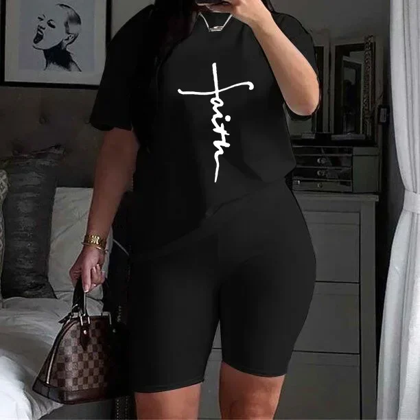 Taglie forti abbigliamento donna estate Casual Top e pantaloni a maniche corte Set due pezzi stampa fede Plus Size Set 2 pezzi