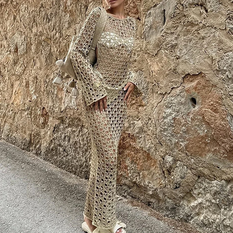 

Женские сексуальные купальники, пляжные вязаные крючком чехлы, бикини, накидки, отпускная одежда с сетчатым прозрачным платьем макси для пляжа Mujer