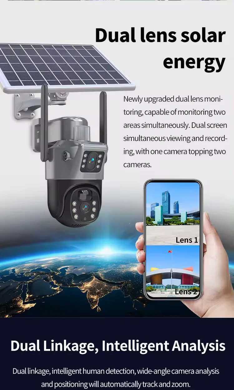 4G Sim Card Solar Camera Dual Lens Outdoor 8MP 4K Low Power Battery IP Camera PIR Night Vision V380 Pro CCTV Security Protection