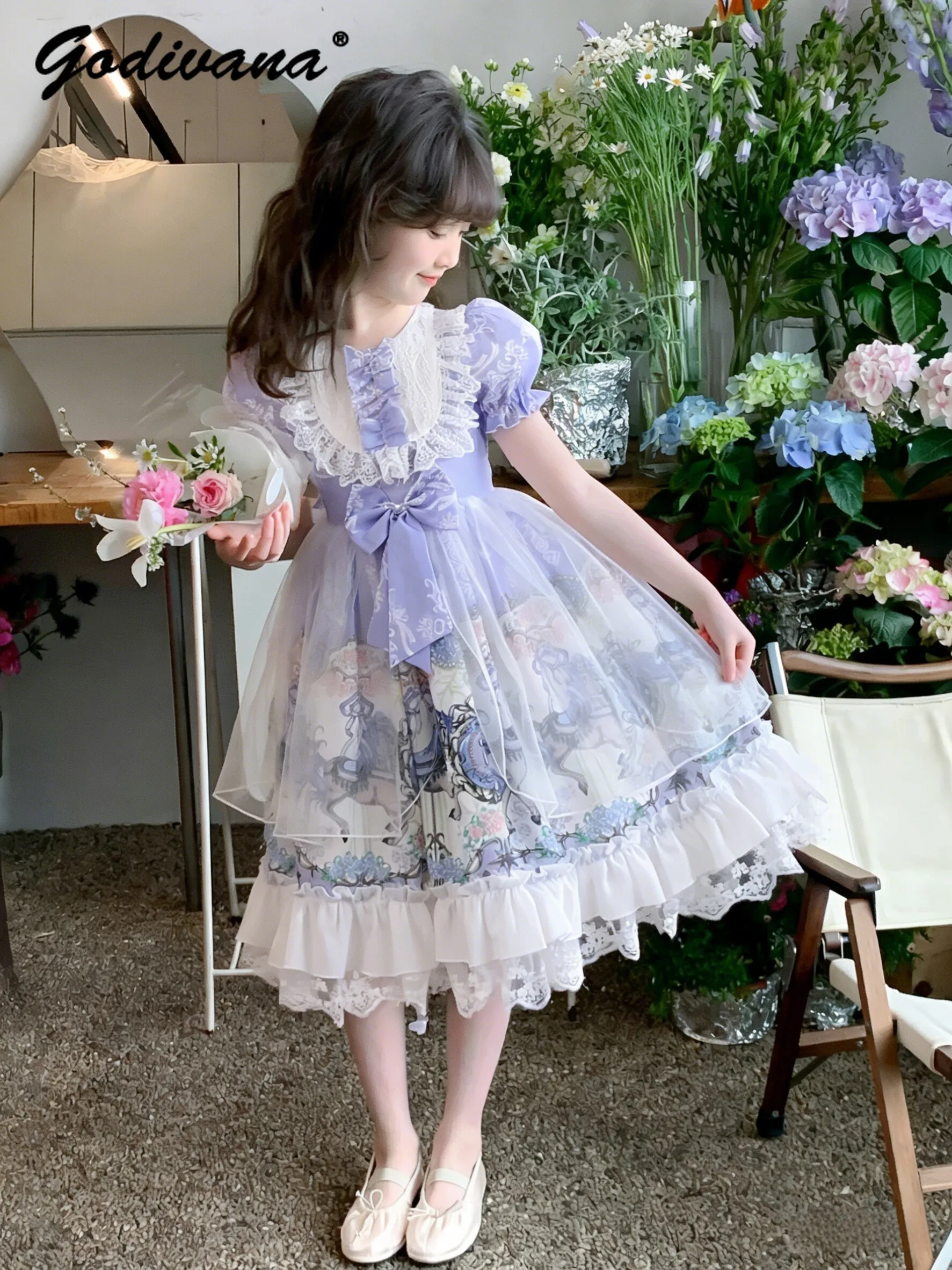 Sweet Girls Elegant Purple Lolita Dress Kids Summer Puff Sleeve Bow Cartoon Print Lace Trim Princess Dress Mesh Patchwork Gown