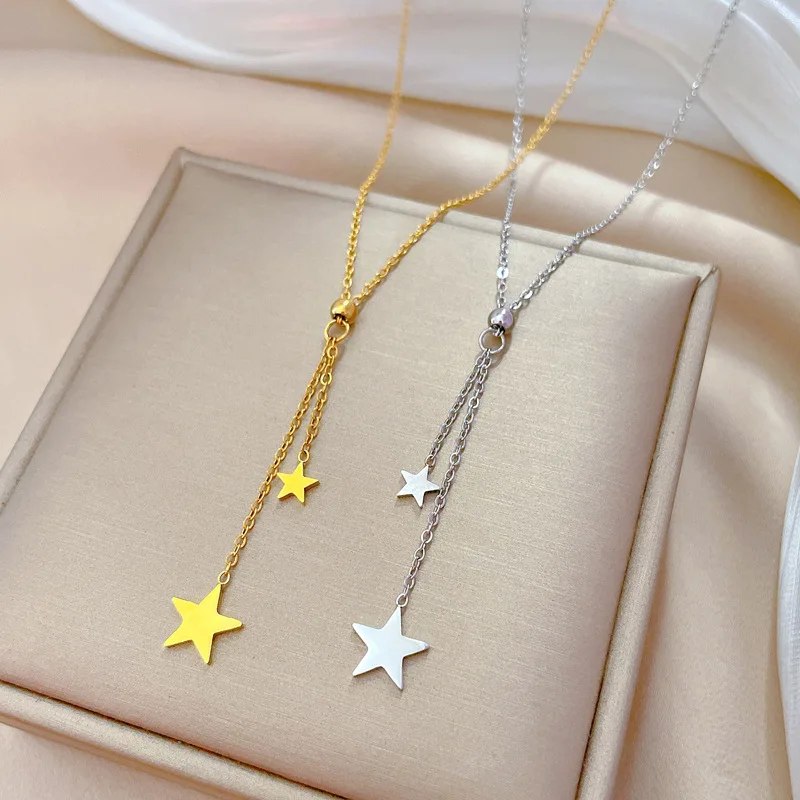 LUCKY99 New High Quality Tassel Five-pointed Star Titanium Steel Tassel Pendant Necklaces For Women Simple Cute Party Jewelry