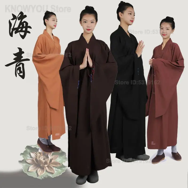 Haiqing Buddhist Lay Robe Unisex Taiwan Linen Coffee Color Four Seasons Long Gown Short Coat Meditation Practice Clothing