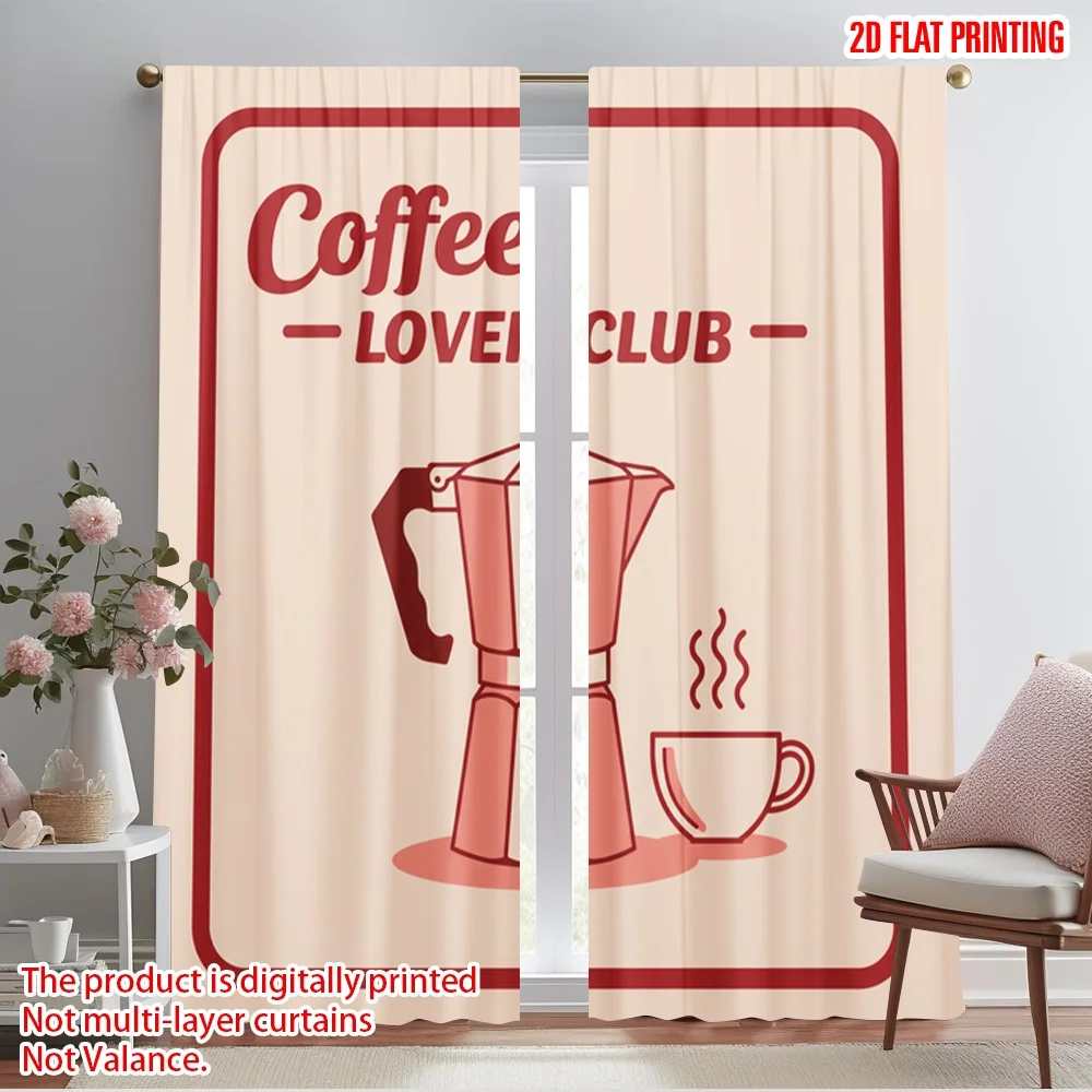

2pcs 2D flat printing Party Curtains Coffee Lover Club Moka Pot Polyester Without Electricity Holiday Decorations Perfect for