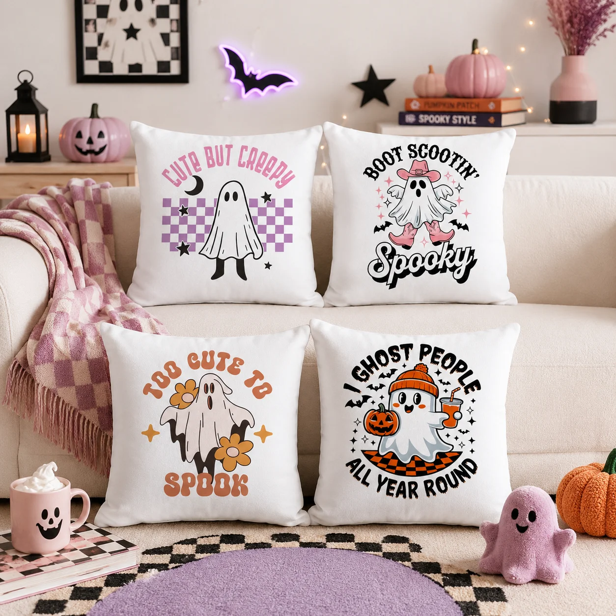 Halloween Ghost Design Cushion Cover Double-Sided Plush Sofa Cushion Covers Organic Breathable Invisible Zipper