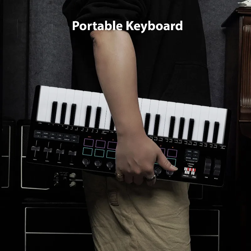 

Двигатель синтезатора, контроллер MIDI-клавиатуры M-VAVE 37 клавиш, оснащен 16 планшетами RGB, 8 ручками и 4 толкателями.