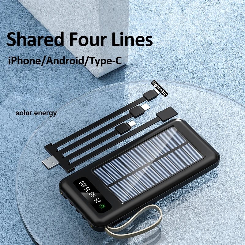 Ranwomen 10000mAh Solar Power Bank Large Capacity Mobile Power Fast Charging Battery With Dual USB 4 Cables For IPhone Samsung