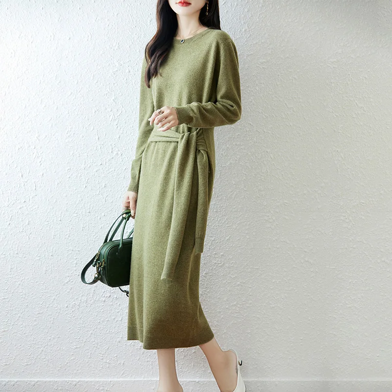 

New Chic Women's 100% Merino Wool Autumn Winter O-neck Belt Temperament Style Pullover Long Sweater Cashmere Knitwear Dress