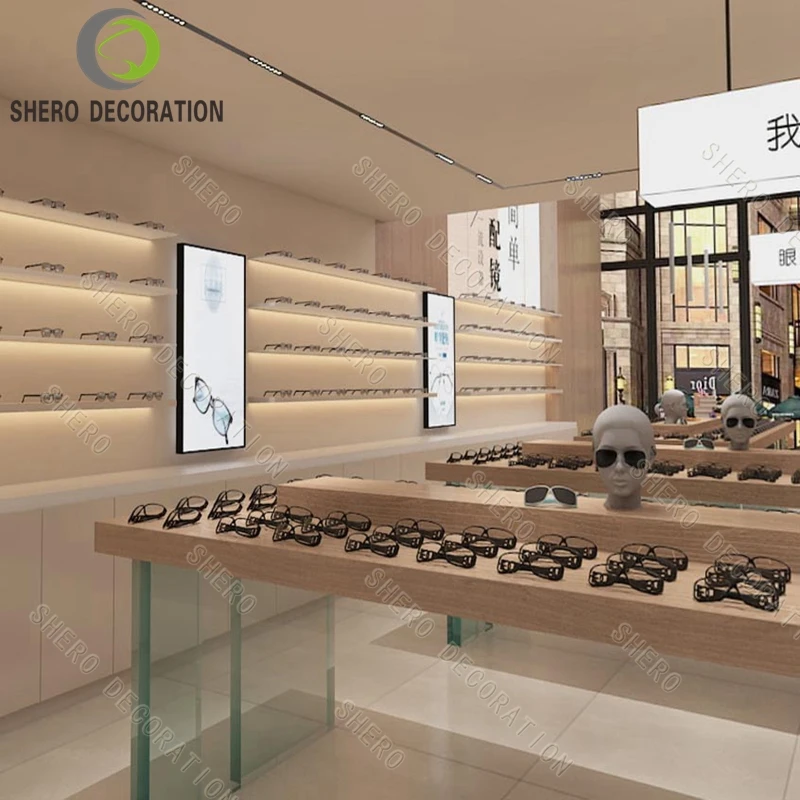 

custom.LED Light Wooden Sunglass Display Showcase Glass Eyewear Display Cabinet Wall Showcase Furniture Optical Shop
