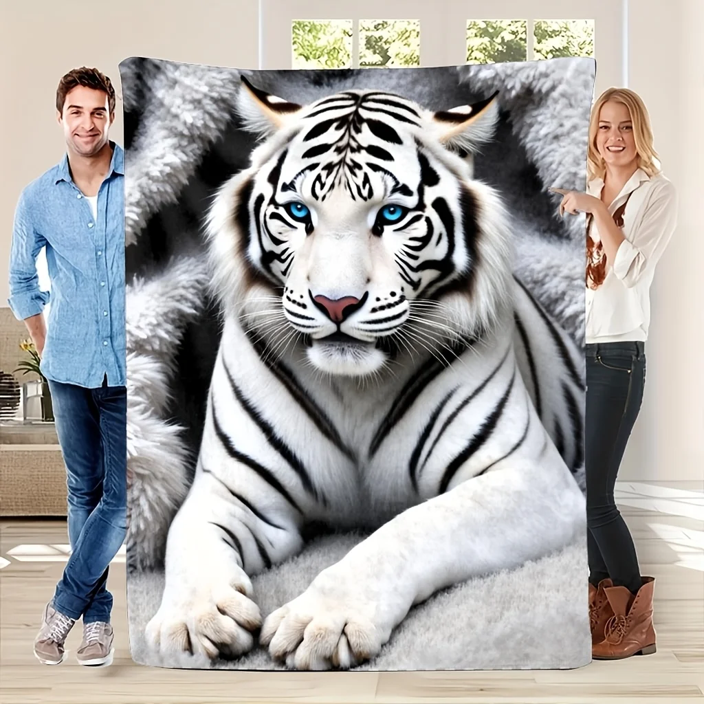 Stunning White Tiger Throw Blanket Blue Eyed Wild Animal Portrait Nature Art Decor Sofa Bedroom Blanket