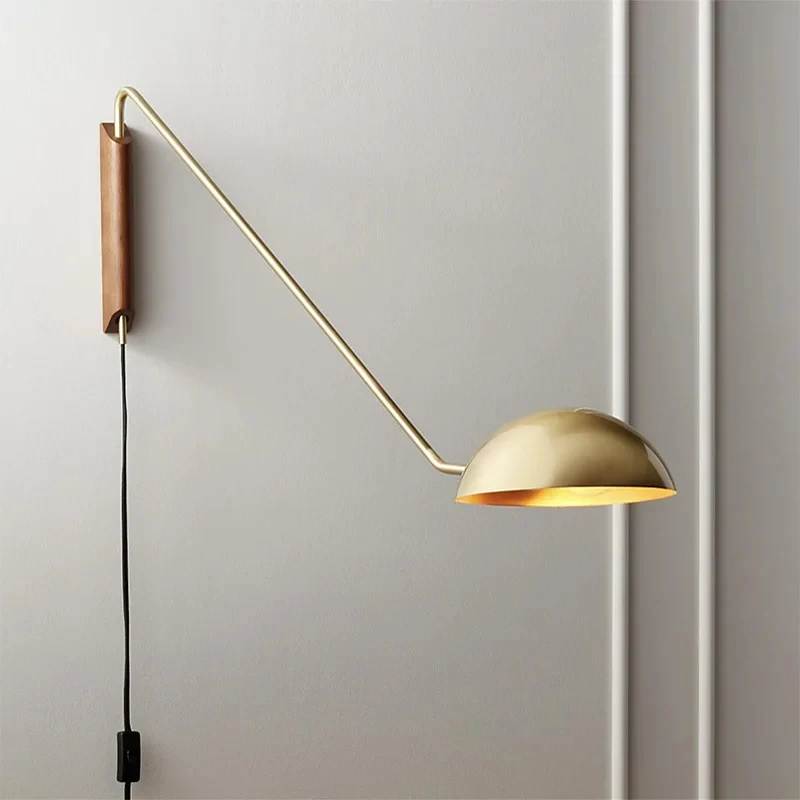 Adjustable Swing Arm Wall Lamp Plug-in LED Wall Sconce with Wood Base for Bedroom Reading Living Room Home Light