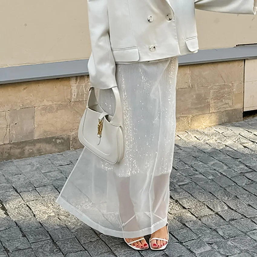 

Spring Summer Women's Overseas-style White Mesh Niche Design Mid-Long High-waisted Straight Skirt
