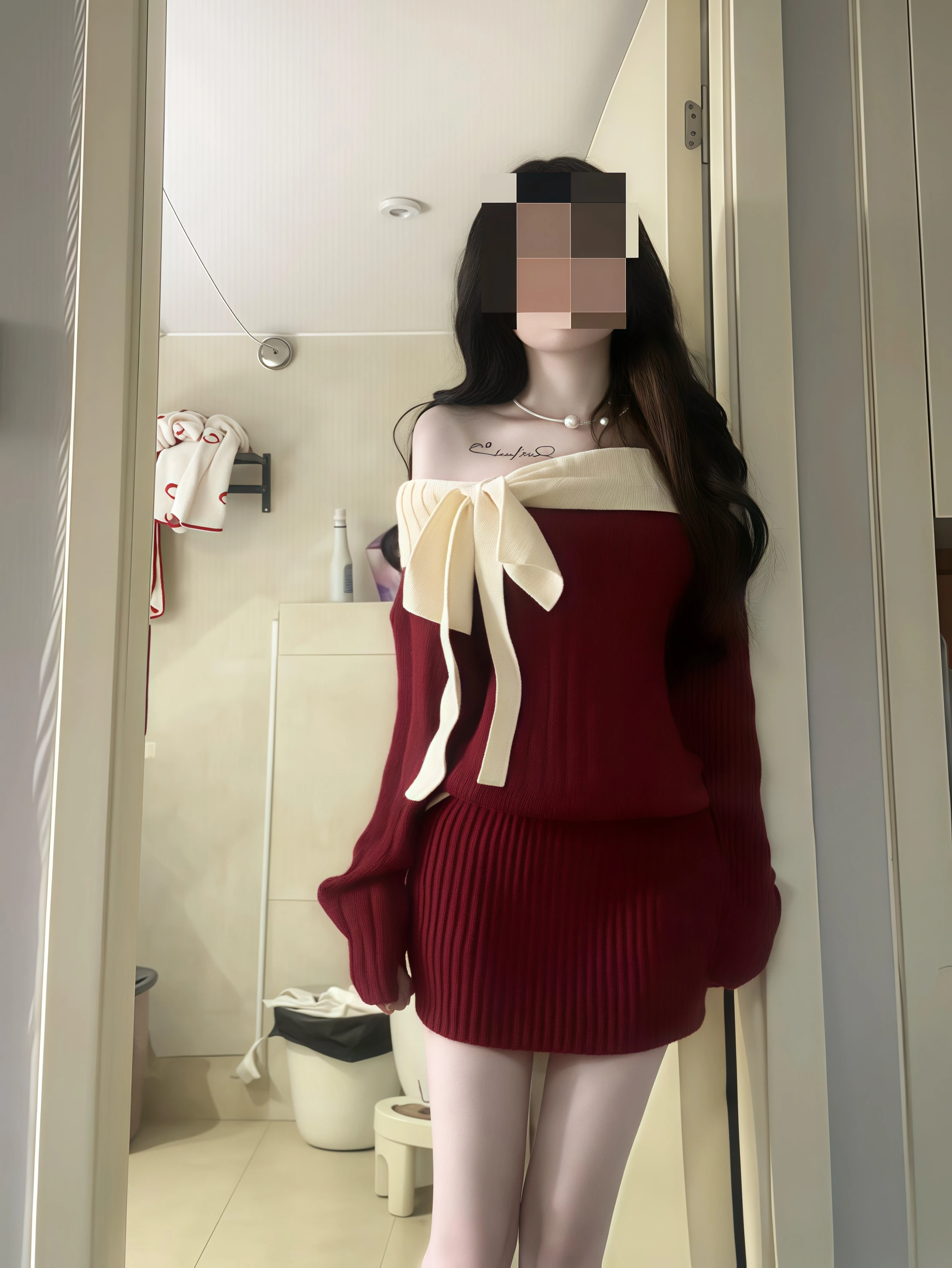 

Корейская новогодняя вязаная юбка-боди на одно плечо с узлом, красная, осенне-зимняя, короткая, для женщин