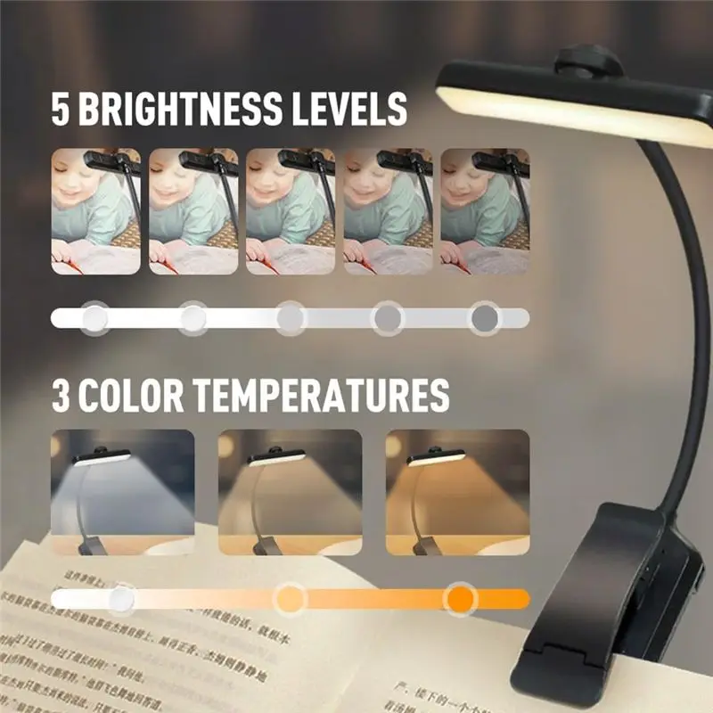 SEWS-Clip-On Rechargeable Book Lamp 24 Led Lights Booklights For Reading In Bed At Night 3 Color Temperature Options A