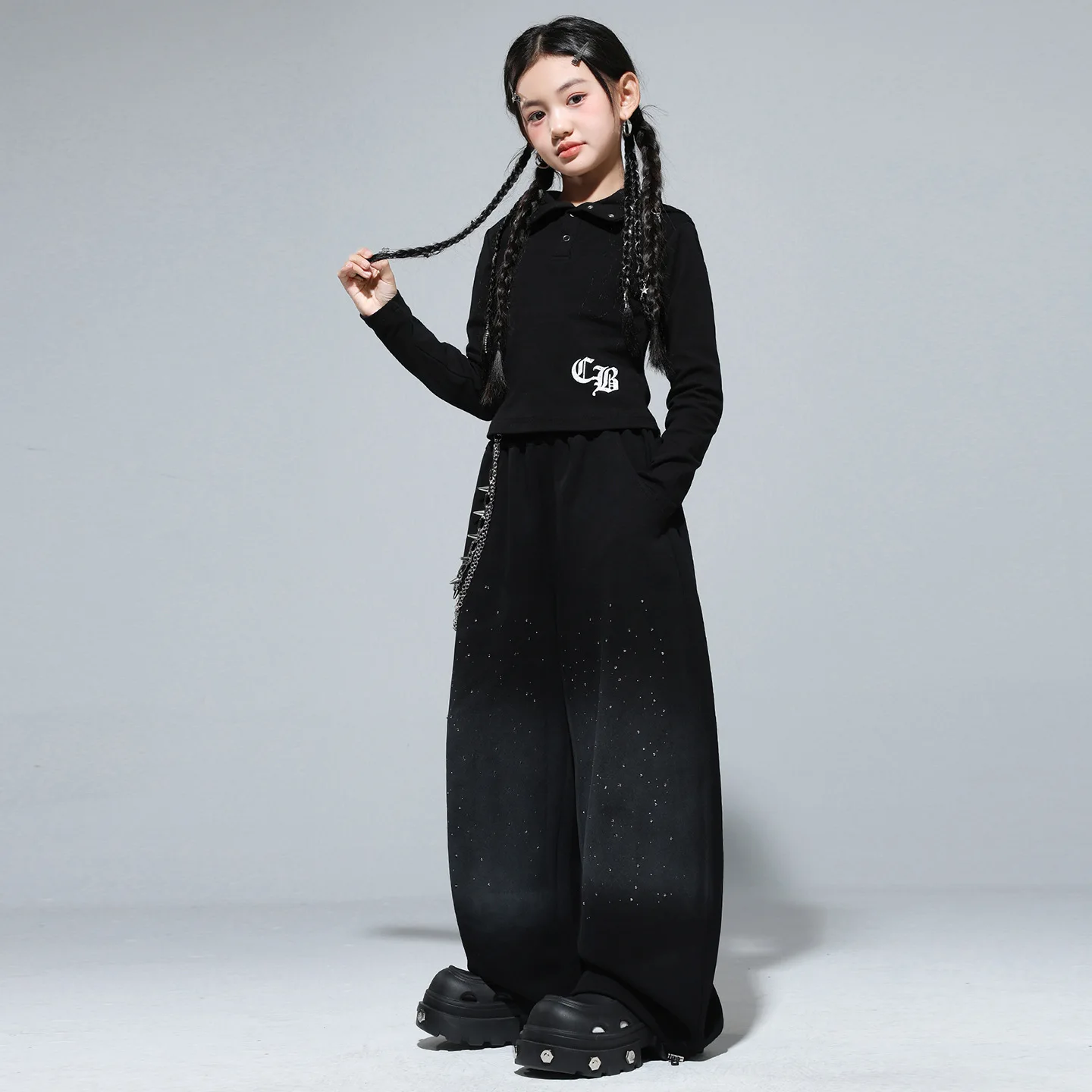 Ropa de Hip Hop Kpop para chico, camiseta corta con capucha negra, pantalones de pierna ancha con lentejuelas informales para niñas, trajes de baile callejero, ropa